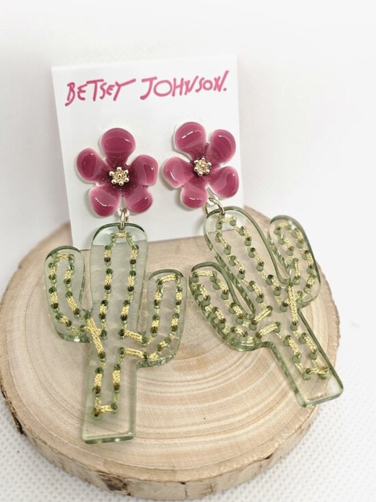 Betsey Johnson Jewelry - Betsey Johnson Pink Flower with Green Cactus Dangle Earrings NWT